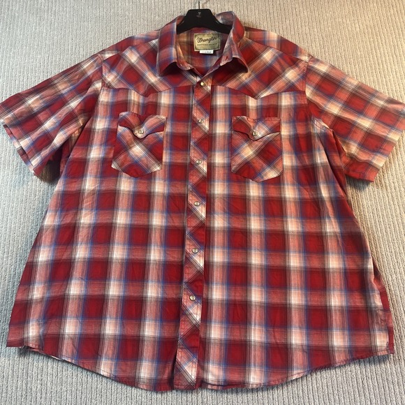 Wrangler Shirt Men's 2XL Pearl Snap Red Blue Plaid Patriotic Lightweight Untuck‎ - Picture 1 of 9